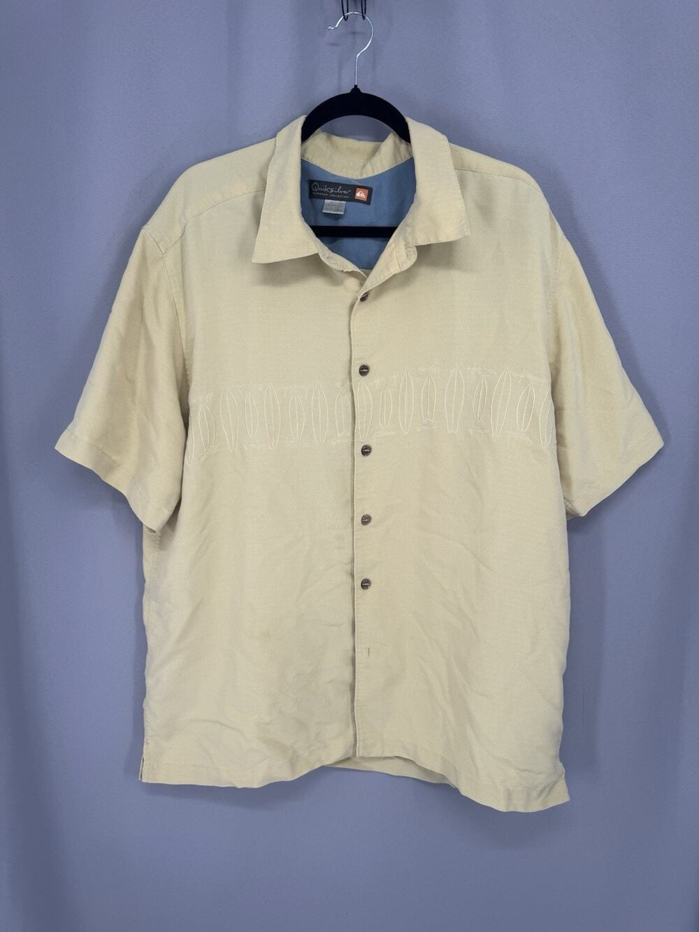 Quicksilver Waterman Collection Shirt Mens Tan XXL Surfboards Embroidered
